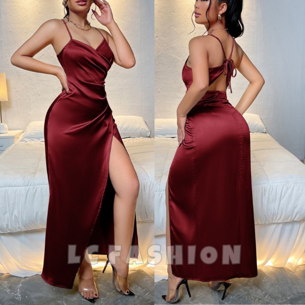Satin Cami Dress, Wedding Guest party Dress,Wrap, Backless, Tie Back, Split Thig